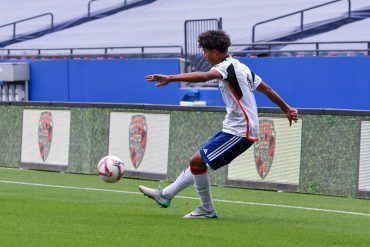 FC Dallas defender Christian Guillen-Lopez (6) sends the ball into the box in the Dallas Cup U15 Final against Rebels SC ECNL at Toyota Stadium. (Daniel McCullough, 3rd Degree)