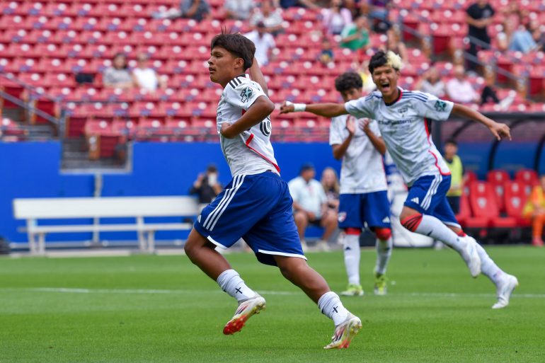 FC Dallas forward Angel Monsivais (38) celebrates in the Dallas Cup U15 Final against Rebels SC ECNL at Toyota Stadium. (Daniel McCullough, 3rd Degree)