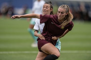 Allie Thornton fights off a defender in the Dallas Trinity FC game against Fort Lauderdale United FC, April 19, 2025. (Courtesy Mike Brooks)