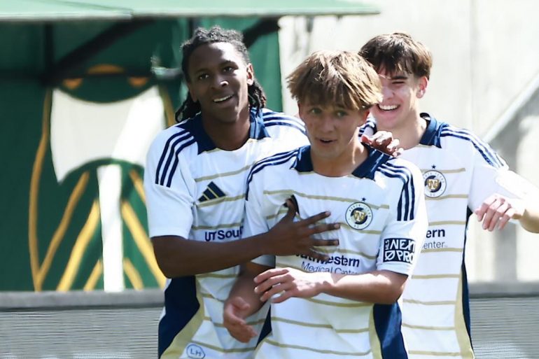 Malachi Molina (left) celebrates his game-winning goal with Caleb Swann and Josh Torquato at Timbers 2, April 5, 2025. (Courtesy North Texas SC)