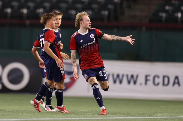 Sam Sarver scores a brace against Colorado Rapids 2, April 20, 2025. (Courtesy North Texas SC).