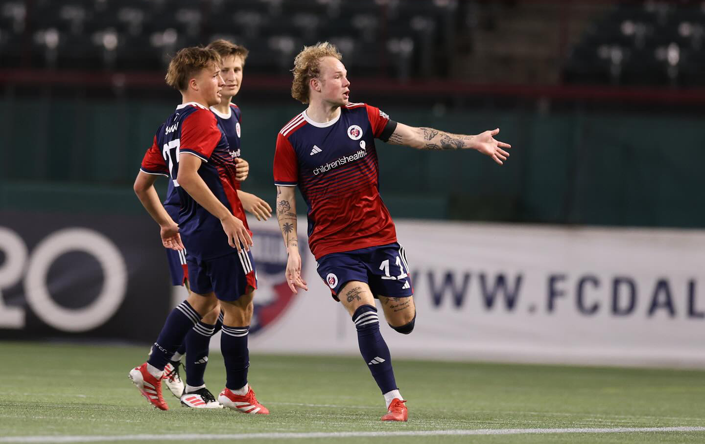 Sam Sarver scores a brace against Colorado Rapids 2, April 20, 2025. (Courtesy North Texas SC).