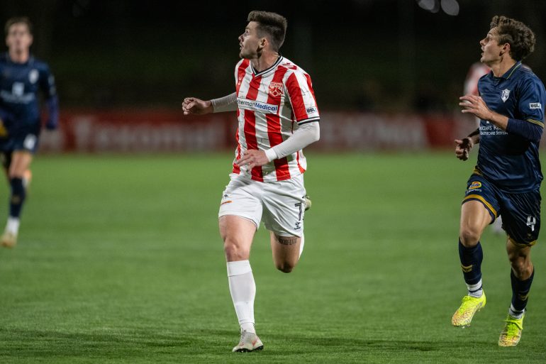 Brandon McManus of Texoma FC looks for the ball against FC Naples, April 5, 2025. (Copyright Mike Brooks)