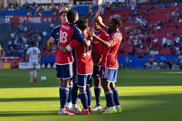 FC Dallas celebrates the opening goal in the US Open Cup match against AV Alta FC at Toyota Stadium. (Daniel McCullough, 3rd Degree)