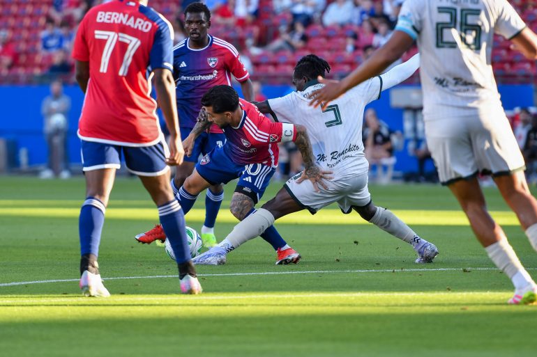 FC Dallas midfielder Lucho Acosta (10) turns the defender in the US Open Cup match against AV Alta FC at Toyota Stadium. (Daniel McCullough, 3rd Degree)
