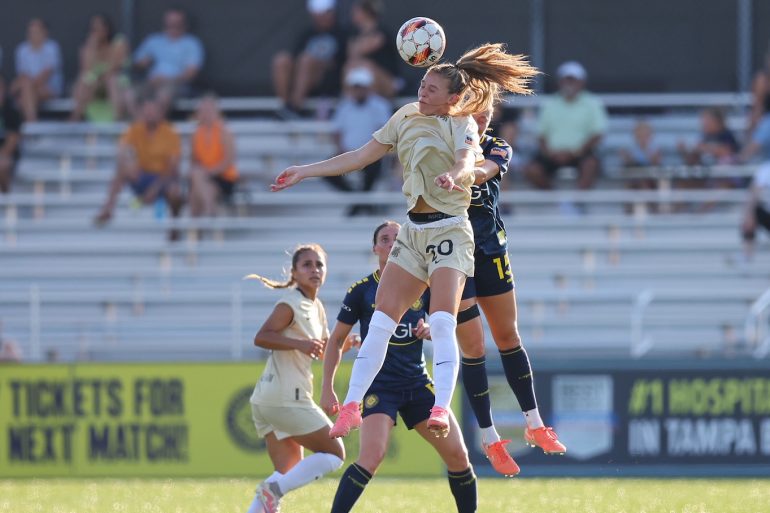 Allie Thornton goes up for a contested header against Tampa Bay Sun FC, May 4, 2025. (Courtesy Dallas Trinity)