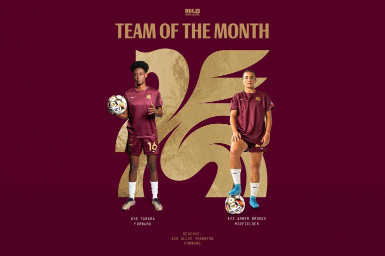 Dallas Trinity FC midfielder Amber Brooks, and forwards Tamara Bolt and Allie Thornton, were named to the USL Super League’s Team of the Month for April. (Image courtesy Dallas Trinity)