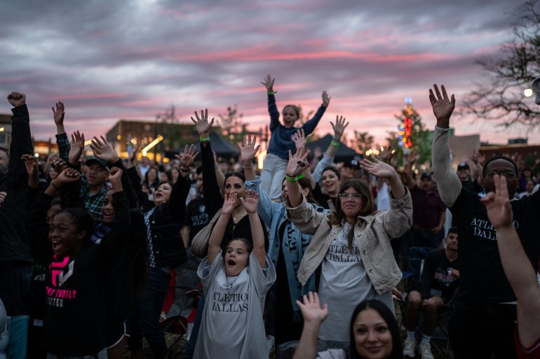 Fans get in on the presentation at the Atlético Dallas brand event in Garland Square, May 2, 2025. (Courtesy Mike Brooks)