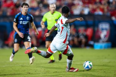 Shaq Moore shoots against San Jose Earthquakes, June 25, 2025. [It's believed this is the play in which he got injured] (Matt Visinsky, 3rd Degree)