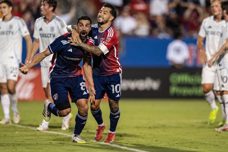 Sebastian Lletget celebrates his goal with Lucho Acosta against San Diego San Diego FC, June 28, 2025. (Courtesy Mike Brooks)