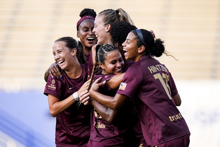 Allie Thornton's teammates celebrate her goal against Carolina Ascent that won her the USL Super League Golden Boot, May 31, 2025. (Pic by Brett Patzke, Courtesy Dallas Trinity FC)