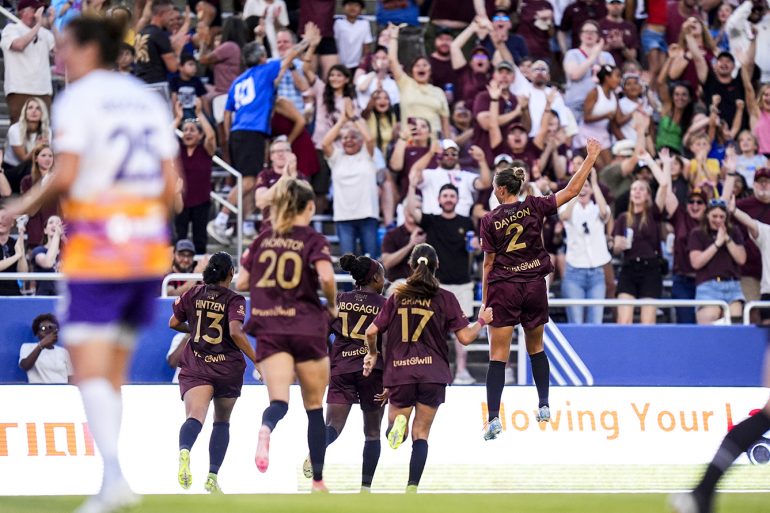 Chioma Ubogagu and her teammates celebrate the game-winning goal against Carolina Ascent, May 31, 2025. (Pic by Brett Patzke, Courtesy Dallas Trinity FC)