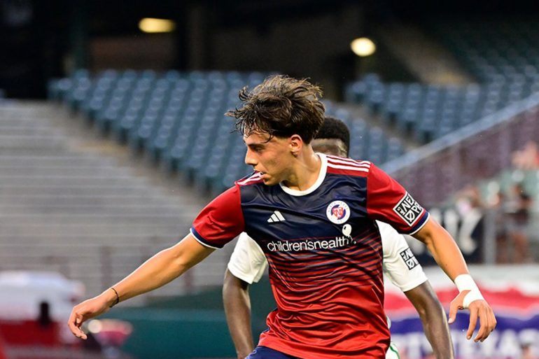 Leonardo Orejarena fights off an Austin FC II defender, June 14, 2025. (Courtesy North Texas SC)