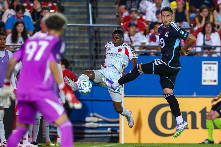 Patrickson Delgado brings the ball down during the FC Dallas game against Minnesota United, July 4, 2025. (Matt Visinsky, 3rd Degree)