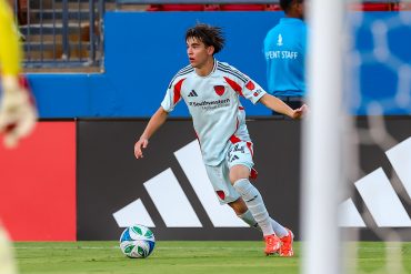 Josh Torquato looks for an outlet for FC Dallas in the 4-3 loss to New York City FC, July 25, 2025. (Matt Visinsky, 3rd Degree)