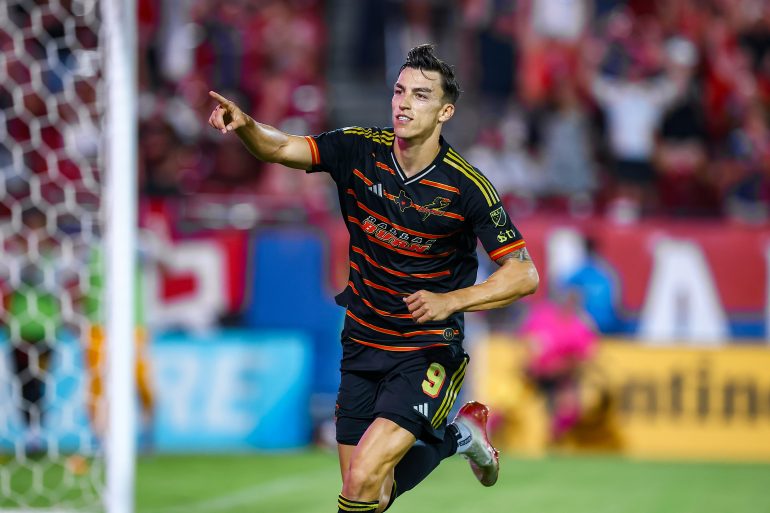 FRISCO, TX - JULY 19: FC Dallas striker Petar Musa (#) celebrates during the MLS soccer game between FC Dallas and St. Louis City SC on July 19, 2025 at Toyota Stadium in Frisco, TX. (Photo by Matthew Visinsky/Icon Sportswire)