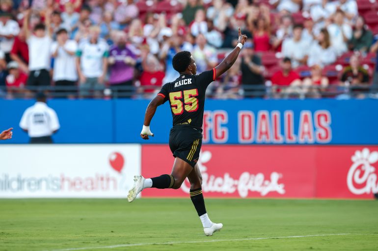 FRISCO, TX - JULY 19: FC Dallas midfielder Kaick (#55) celebrates after scoring a first half goal during the MLS soccer game between FC Dallas and St. Louis City SC on July 19, 2025 at Toyota Stadium in Frisco, TX. (Photo by Matthew Visinsky/Icon Sportswire)