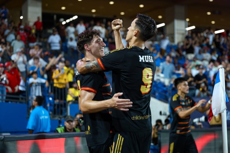 FRISCO, TX - JULY 19: FC Dallas forward Petar Musa (#9) celebrates with FC Dallas forward Logan Farrington (#23) after scoring a second half goal during the MLS soccer game between FC Dallas and St. Louis City SC on July 19, 2025 at Toyota Stadium in Frisco, TX. (Photo by Matthew Visinsky/Icon Sportswire)