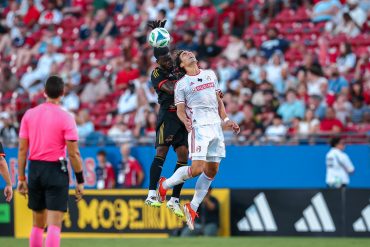 FRISCO, TX - JULY 19: FC Dallas defender Lalas Abubakar (#5) challenges for a header during the MLS soccer game between FC Dallas and St. Louis City SC on July 19, 2025 at Toyota Stadium in Frisco, TX. (Photo by Matthew Visinsky/Icon Sportswire)
