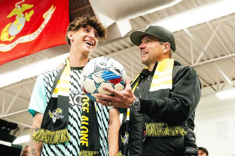 Then New Mexico Head Coach Eric Quill presents defender Jackson DuBois a game ball for New Mexico United. (Courtesy New Mexico United)