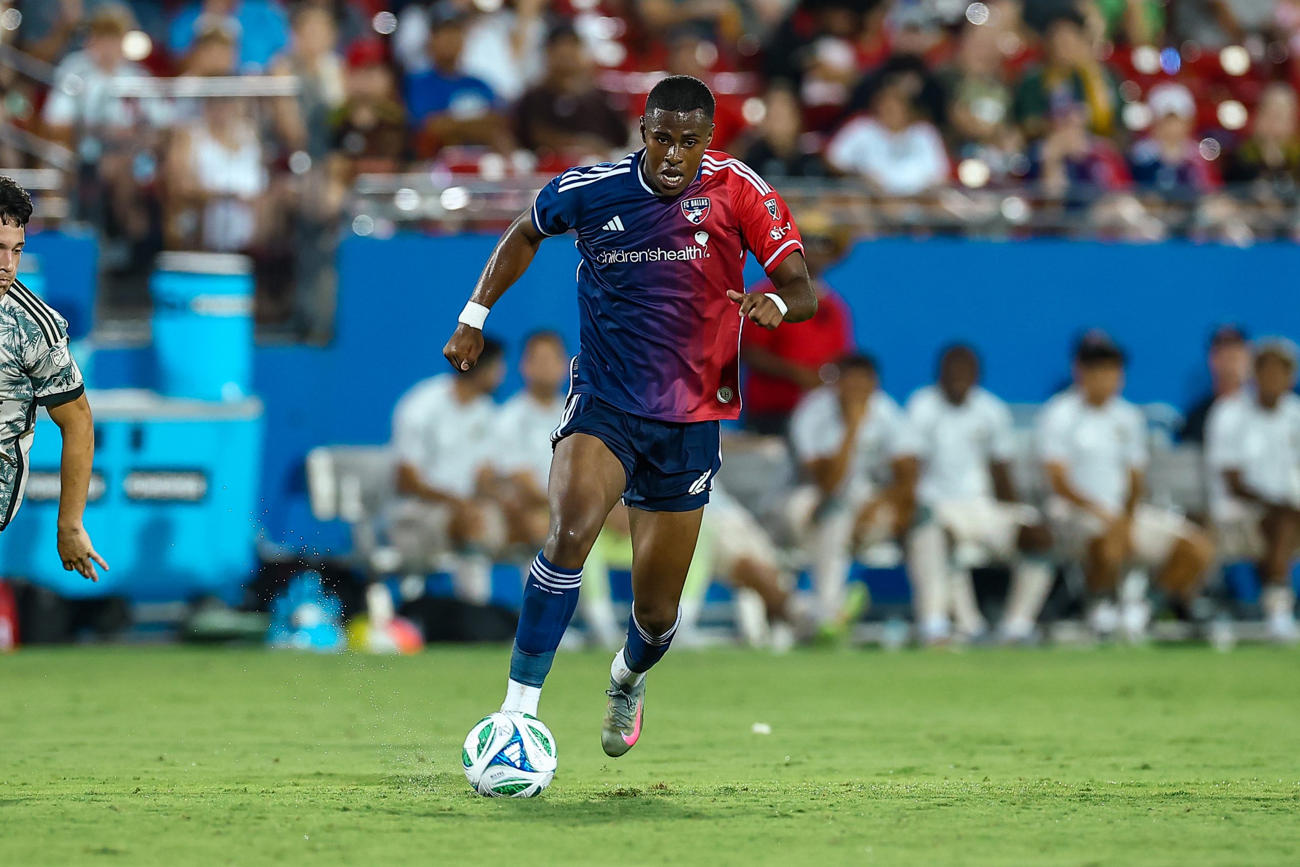 Patrickson Delgado drives forward against Portland Timbers, August 9, 2025. (Matt Visinsky, 3rd Degree)