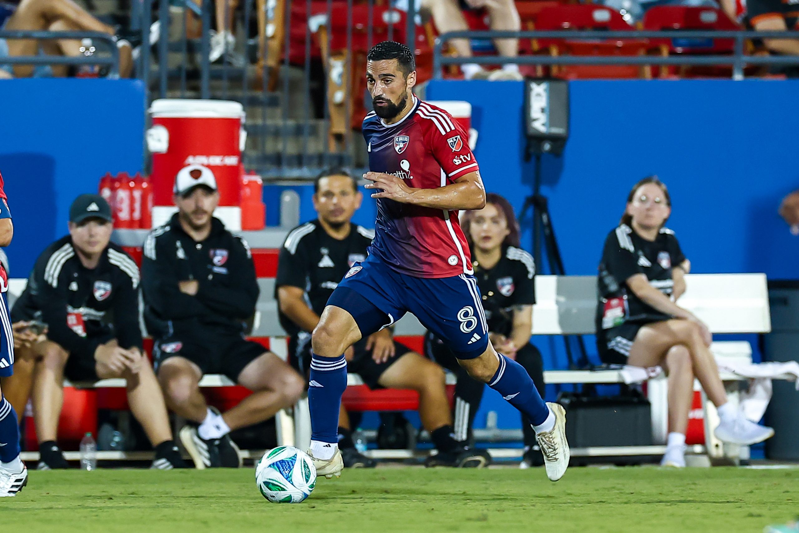 Sebastian Lletget charges upfield against Portland Timbers, August 9, 2025. (Matt Visinsky, 3rd Degree)