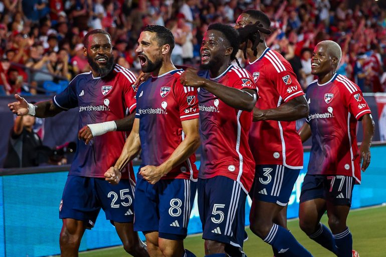 FC Dallas celebrates the 2nd goal against Portland Timbers, August 9, 2025. (Matt Visinsky, 3rd Degree)