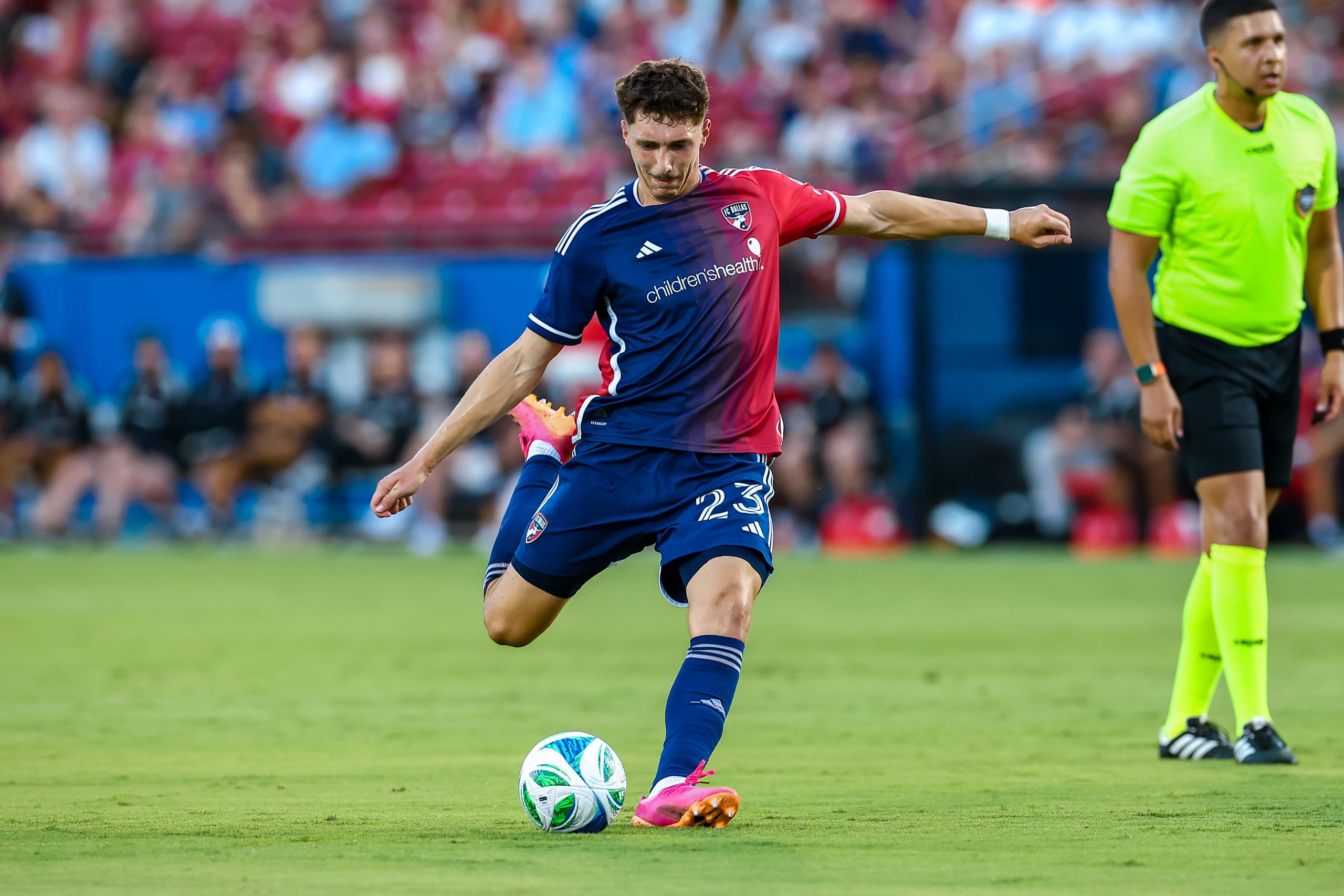 Logan Farrington takes a shot against Portland Timbers, August 9, 2025. (Matt Visinsky, 3rd Degree)