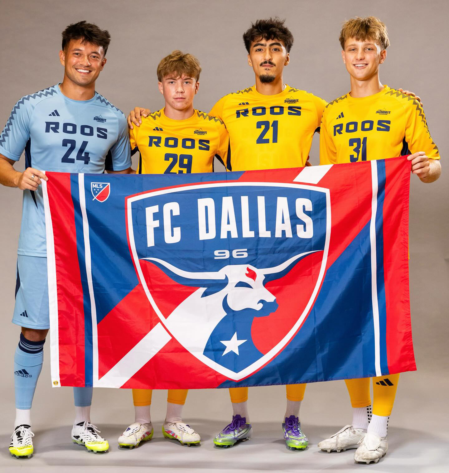 FC Dallas alums at UMKC in 2024: Adam Lansdown, Bryce Outman, Timothy Ospina, and Ian Witis-Hughes. 
