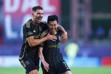 Ryan Hollingshead (left) and Son Heung-min celebrate Son's goal for LAFC vs FC Dallas, August 23, 2025. (Courtesy LAFC)