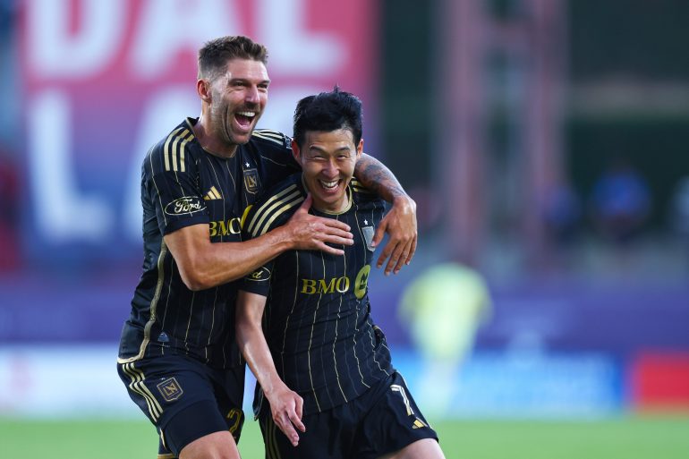 Ryan Hollingshead (left) and Son Heung-min celebrate Son's goal for LAFC vs FC Dallas, August 23, 2025. (Courtesy LAFC)