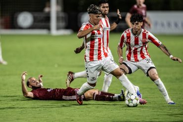Diego Pepi (9) collects the ball while Brayan Paddila (35) looks on as Texoma FC takes Chattanooga Red Wolves, August 16, 2025. (Mike Brooks, 3rd Degree)