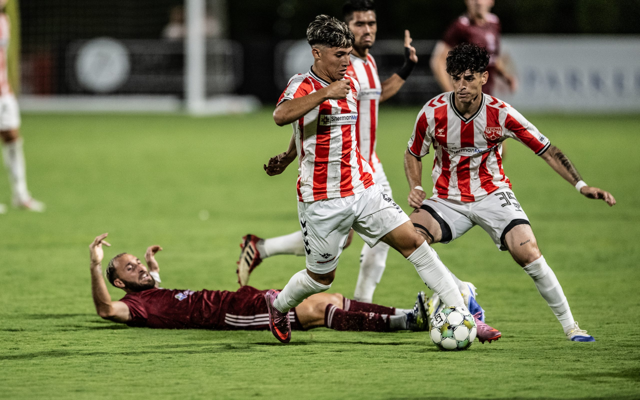 Diego Pepi (9) collects the ball while Brayan Paddila (35) looks on as Texoma FC takes Chattanooga Red Wolves, August 16, 2025. (Mike Brooks, 3rd Degree)