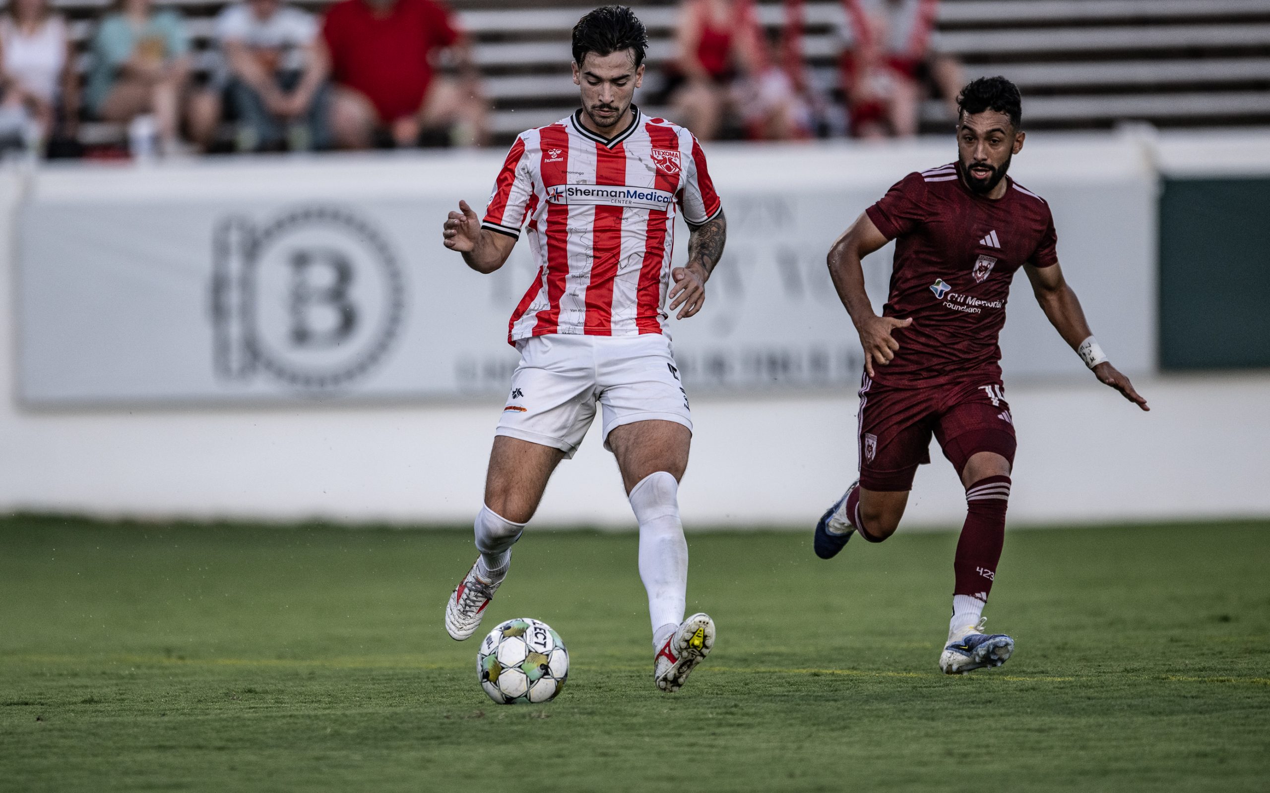 Angelo Calfo (5) passes as Texoma FC takes Chattanooga Red Wolves, August 16, 2025. (Mike Brooks, 3rd Degree)