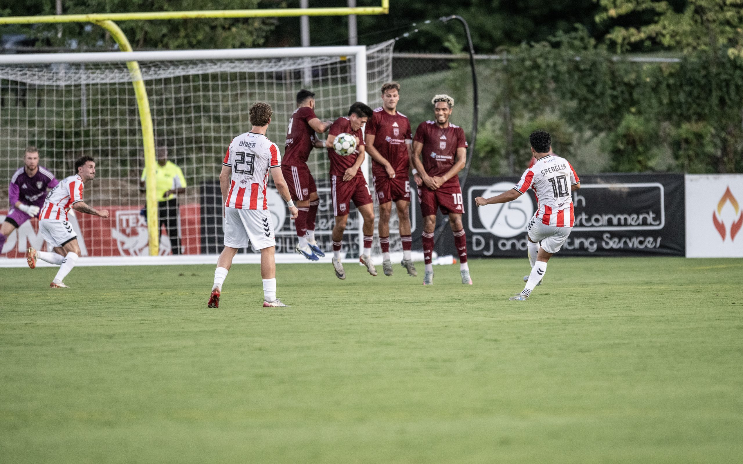 Ajmeer Spengler (10) fired for goal off a free kick as Texoma FC takes Chattanooga Red Wolves, August 16, 2025. (Mike Brooks, 3rd Degree)