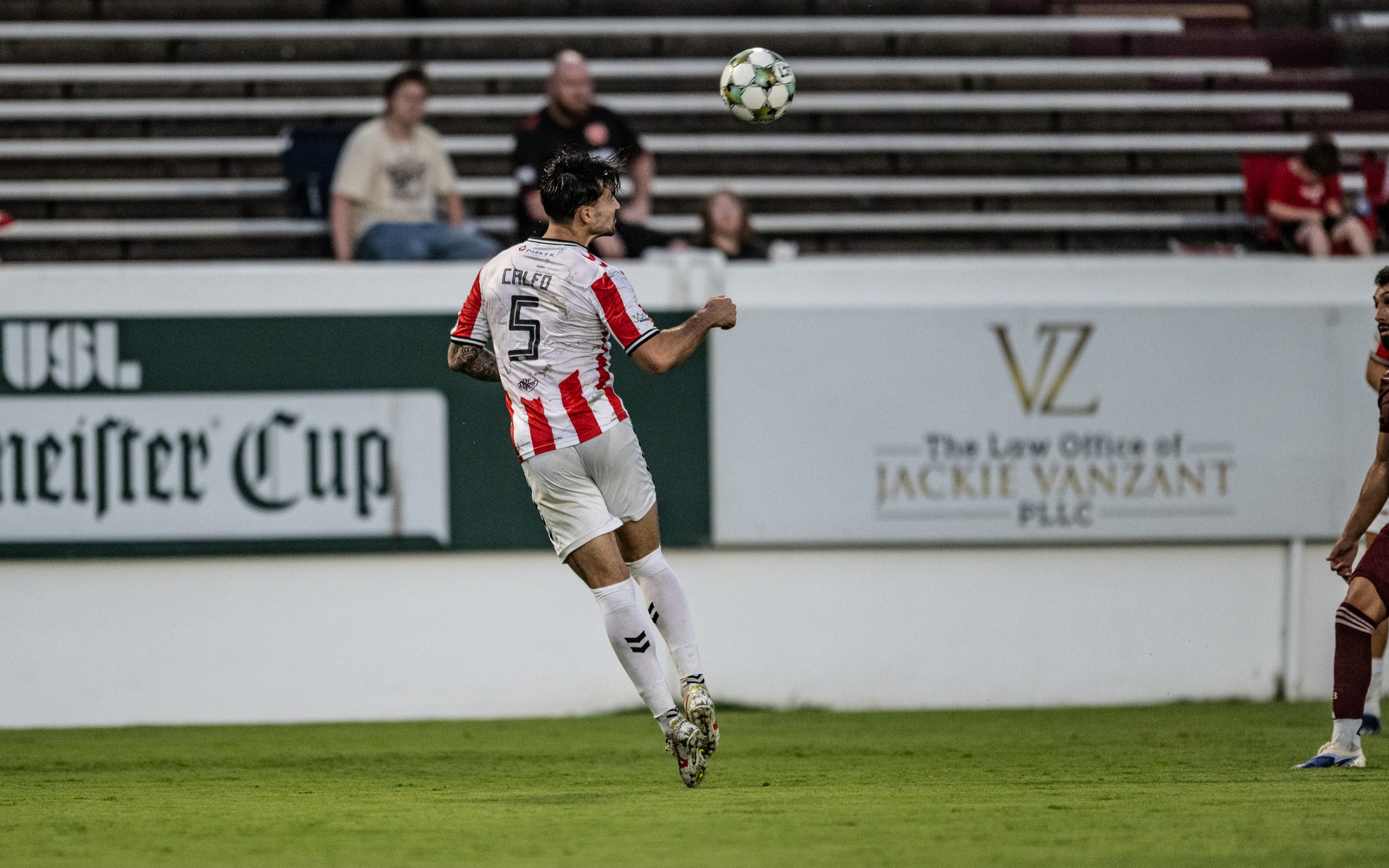 Angelo Calfo (5) heads the ball clear as Texoma FC takes Chattanooga Red Wolves, August 16, 2025. (Mike Brooks, 3rd Degree)