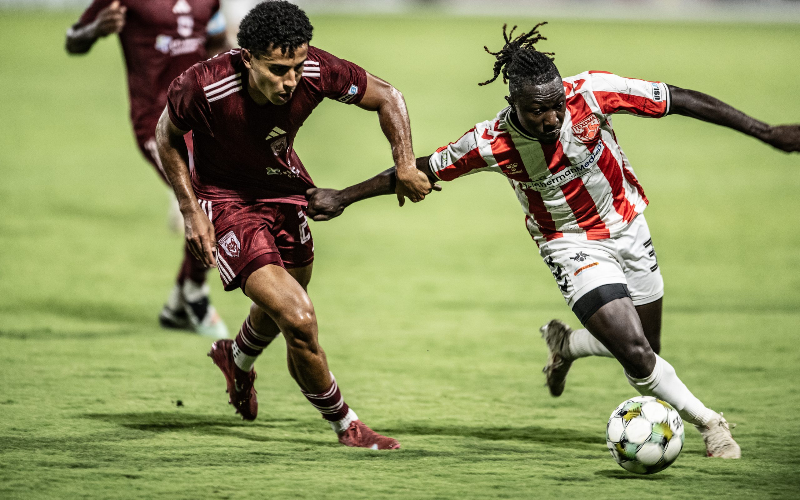 Lamin Jawneh (30) drive forward as Texoma FC takes Chattanooga Red Wolves, August 16, 2025. (Mike Brooks, 3rd Degree)