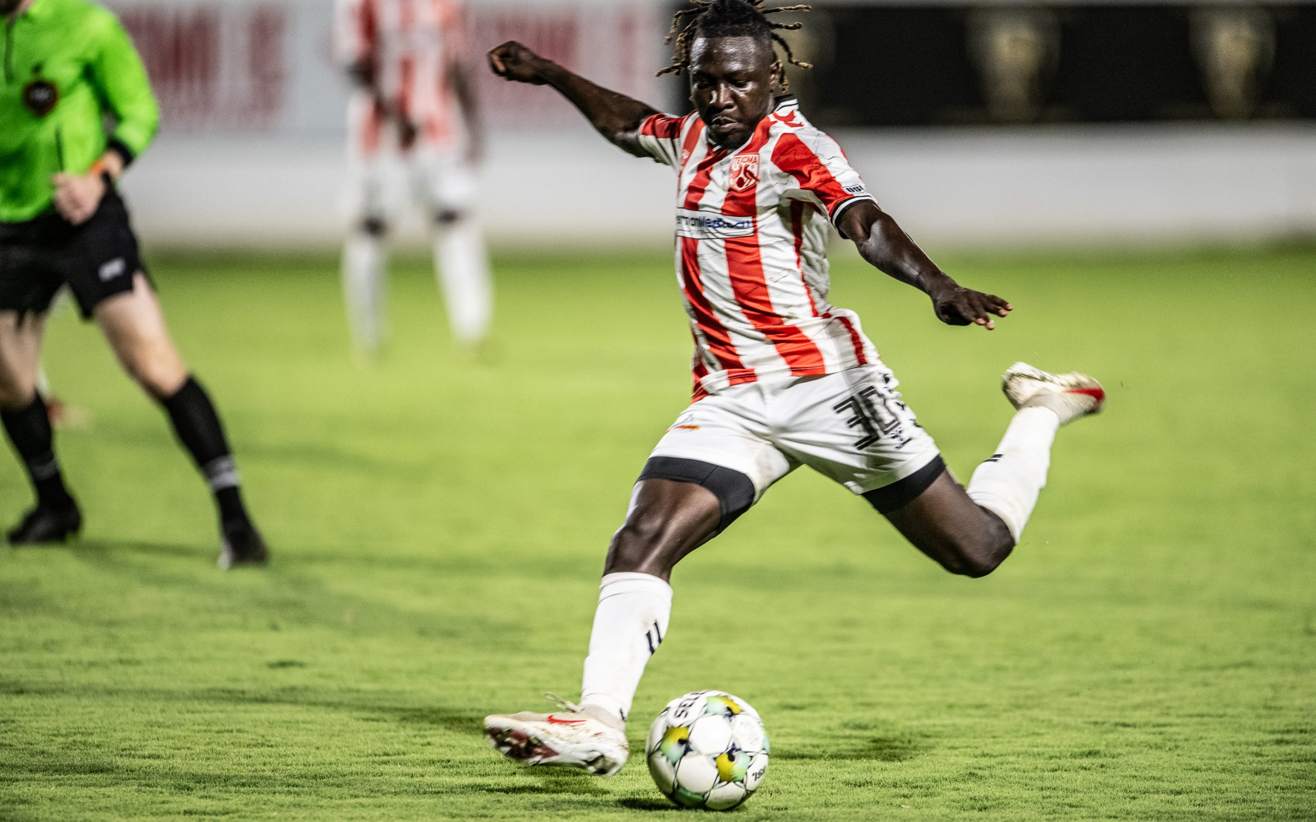 Lamin Jawneh (30) takes a shot as Texoma FC takes Chattanooga Red Wolves, August 16, 2025. (Mike Brooks, 3rd Degree)