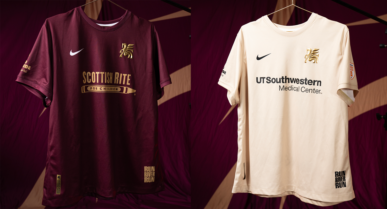 Dallas Trinity FC 2025-26 jerseys with new sponsors. (Courtesy Dallas Trinity FC)