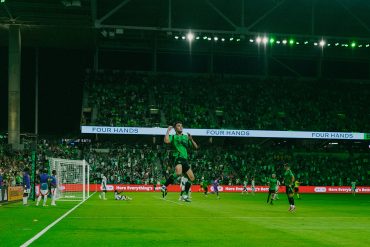 Owen Wolff celebrates his goal against FC Dallas, August 16, 2025. (Courtesy Austin FC)
