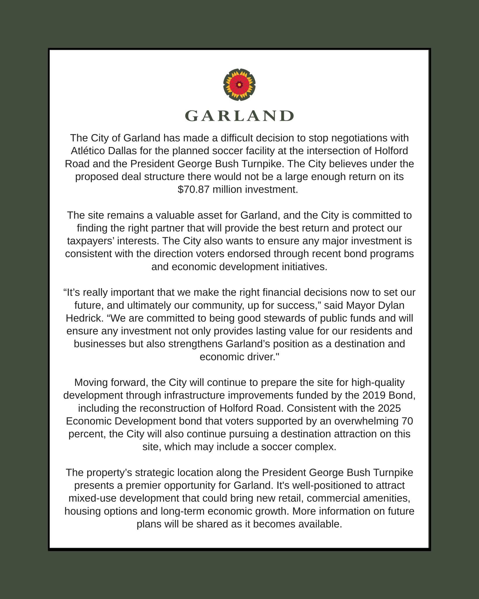 The City of Garland on ending the Atletico Dallas training center deal. (Source COG Facebook page)
