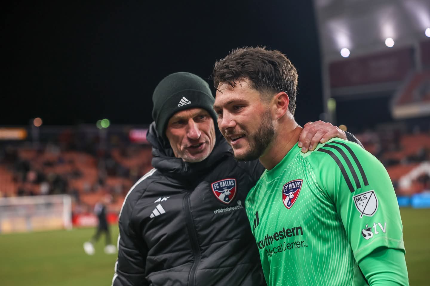 FCD Goalkeeper coach Drew Keeshan with Michael Collodi, 2025. (Courtesy FC Dallas)