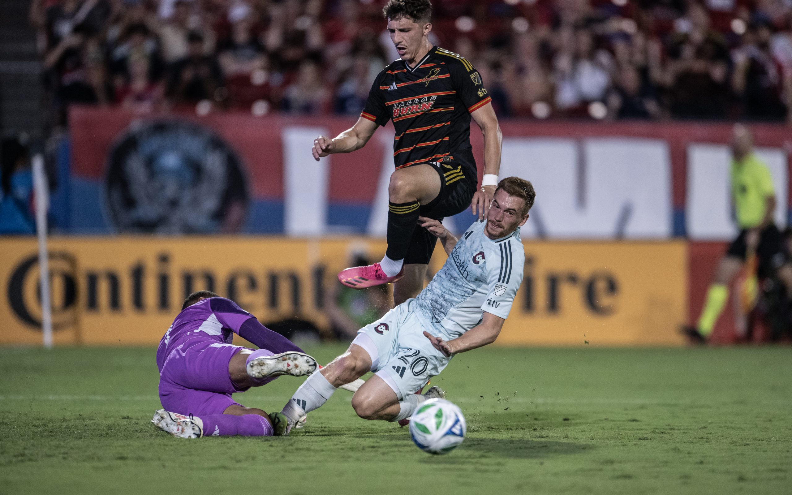 Logan Farrington hurdles the defense against the Colorado Rapids, Sept 20, 2025. (Mike Brooks, 3rd Degree)