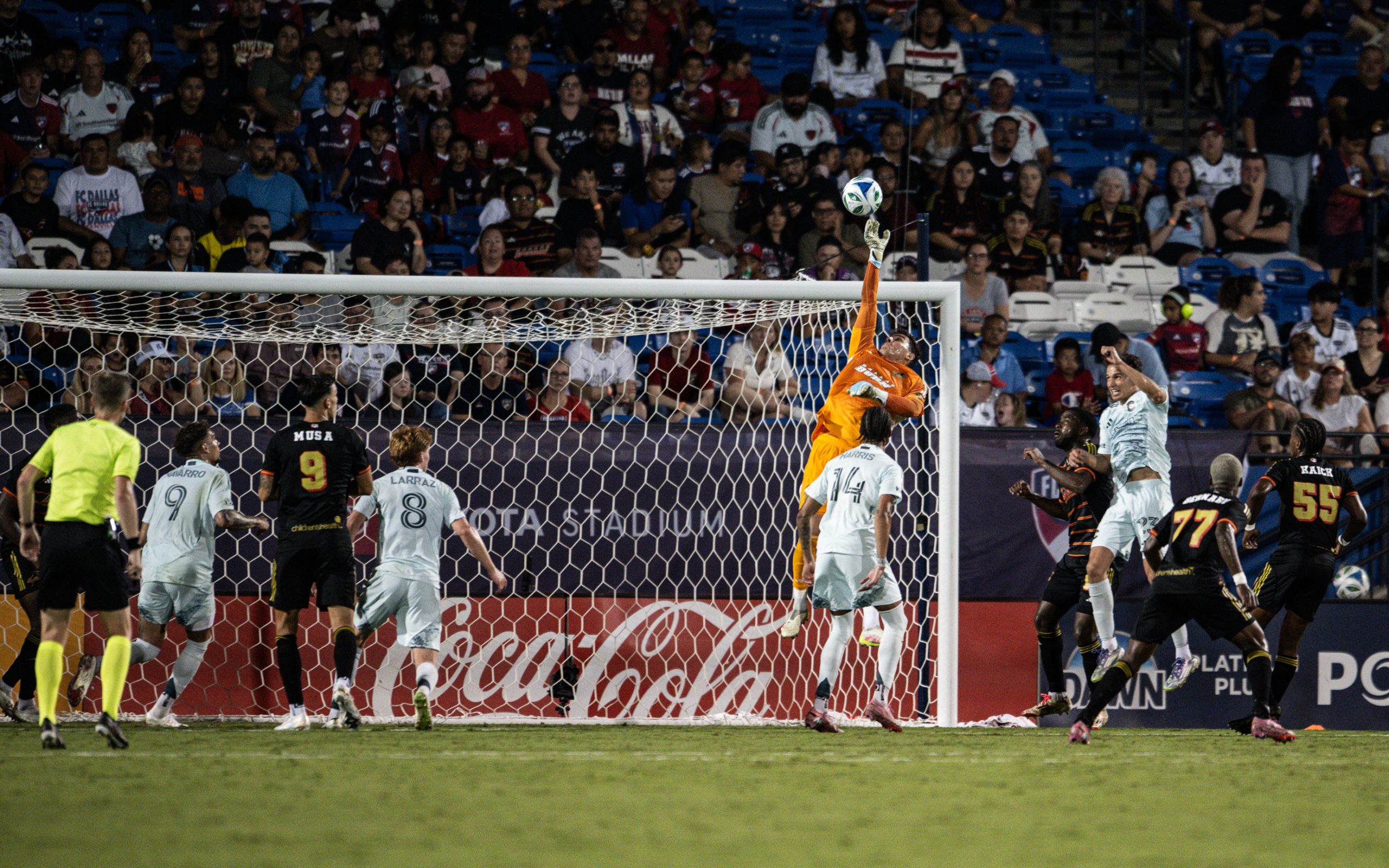 Jacob Jackson pushes the ball over the net against Colorado Rapids, Sept 20, 2025. (Mike Brooks, 3rd Degree)