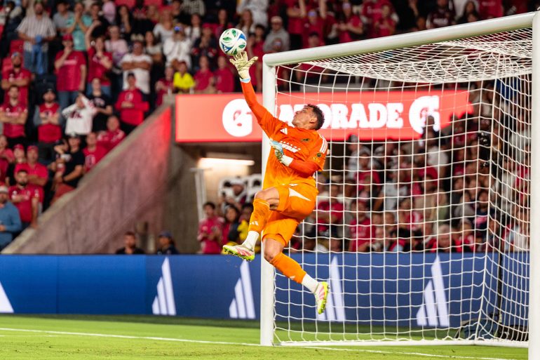 Jacob Jackson comes off the bench against St. Louis City to make 11 saves, Sept 6, 2025. (Courtesy FC Dallas)