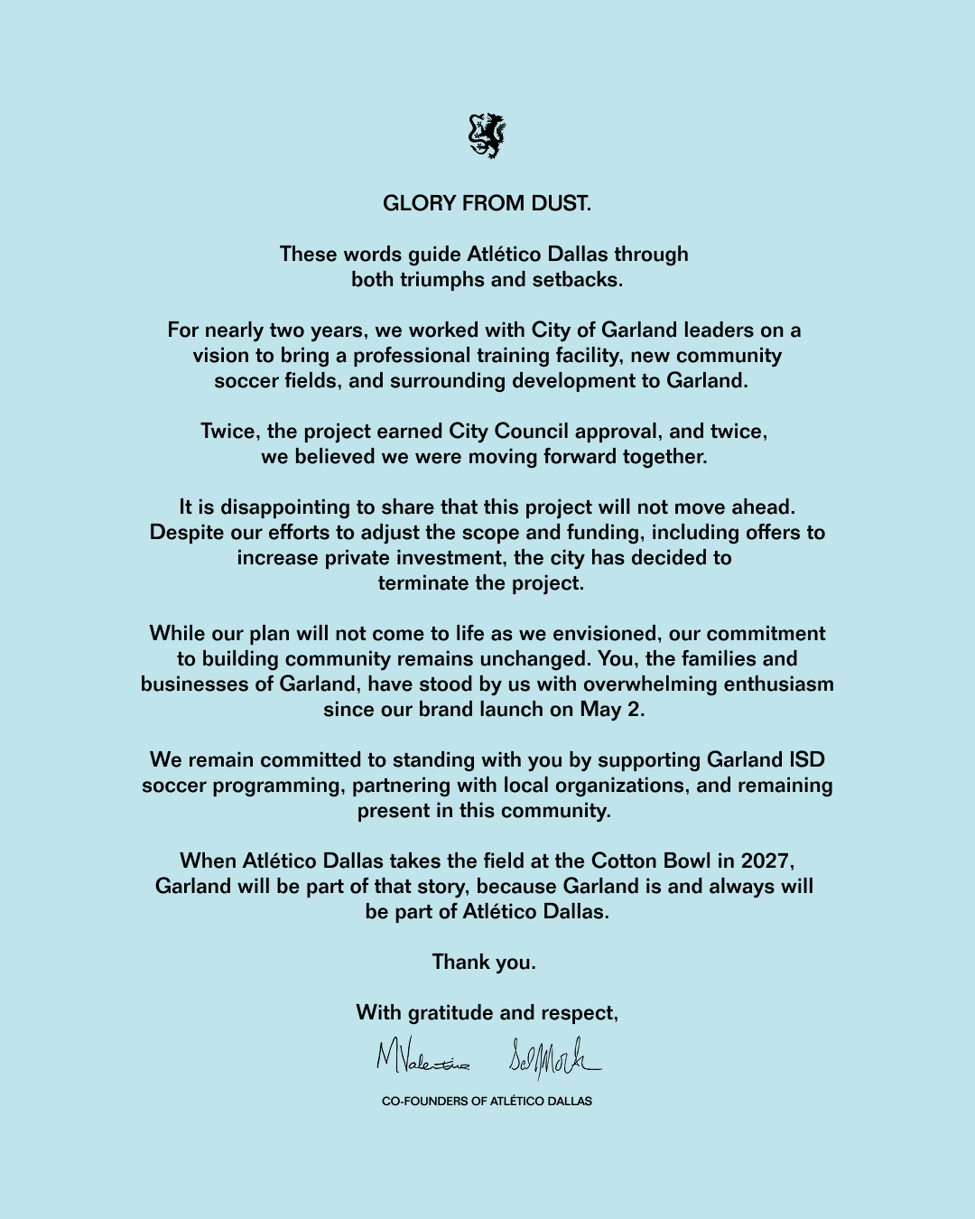 Atlético Dallas' open letter to fans. (Courtesy Atlético Dallas)