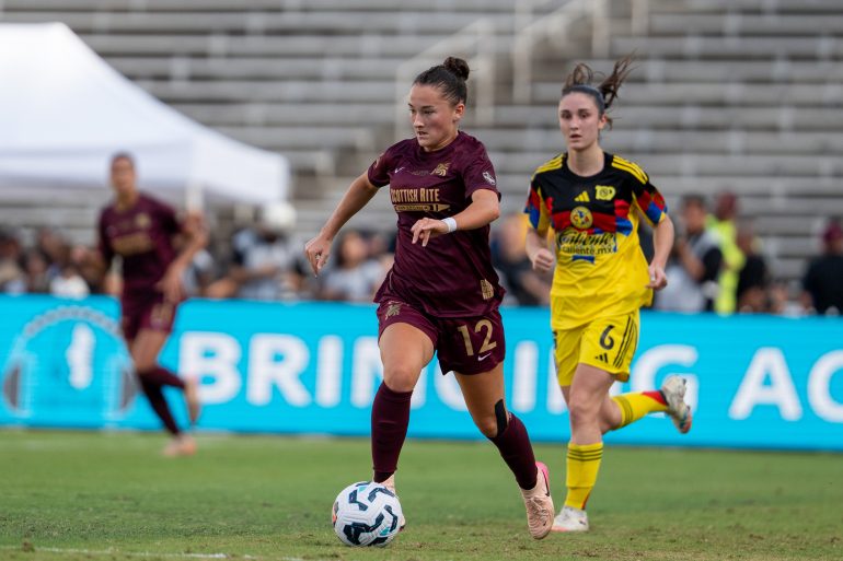 Sealy Strawn charges forward against Club America in the State Fair Classico, October 18, 2025. (Courtesy Dallas Trinity FC)