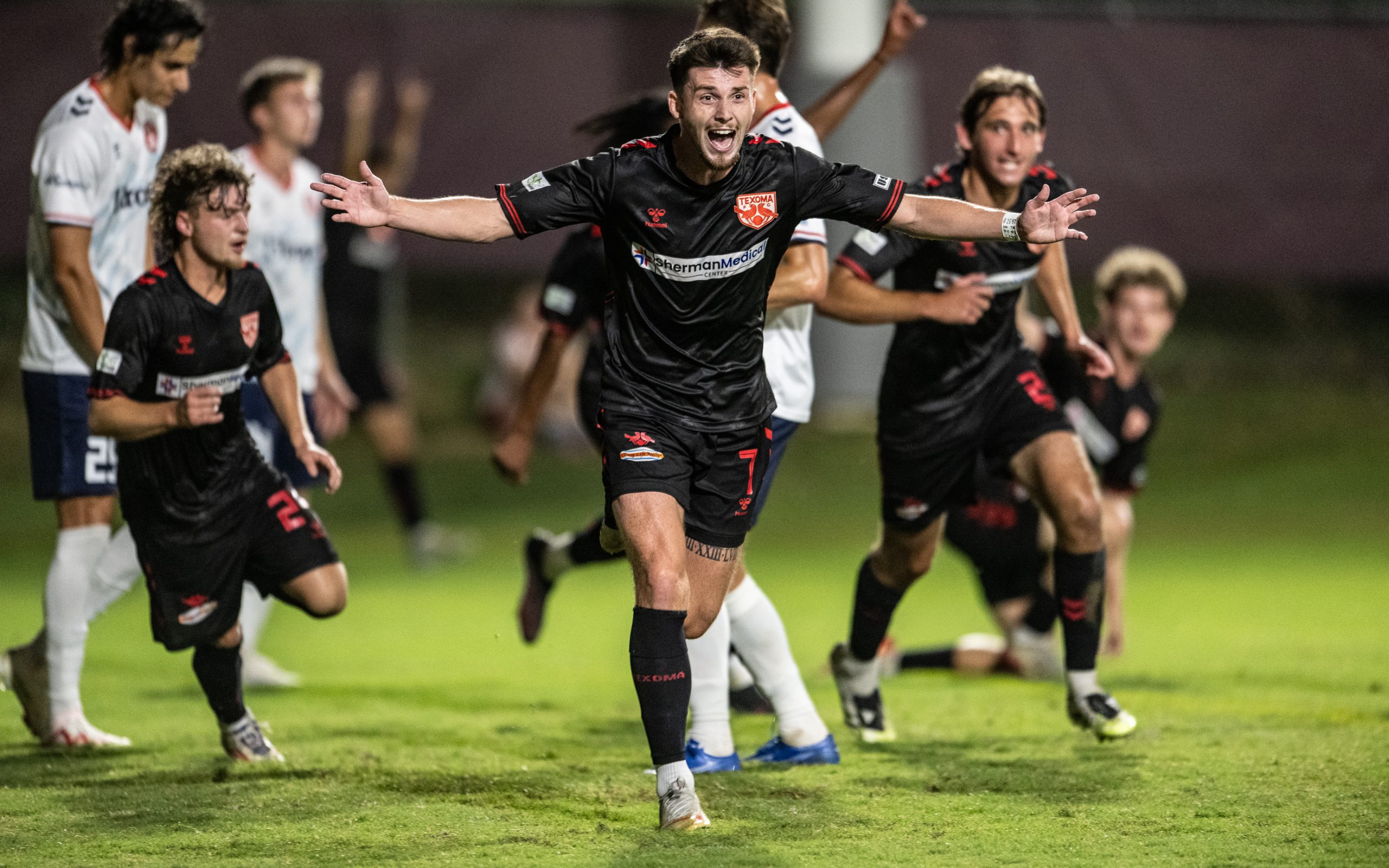 Brandon McManus celebrates his game-winning goal for Texoma FC against the Richmond Kickers, October 11, 2025. (Mike Brooks, 3rd Degree)