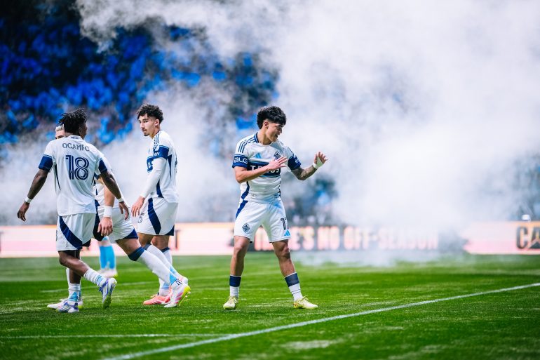 Vancouver Whitecaps celebrate against FC Dallas, game one, 2025 MLS Cup Playoffs. (Courtesy Vancouver Whitecaps)