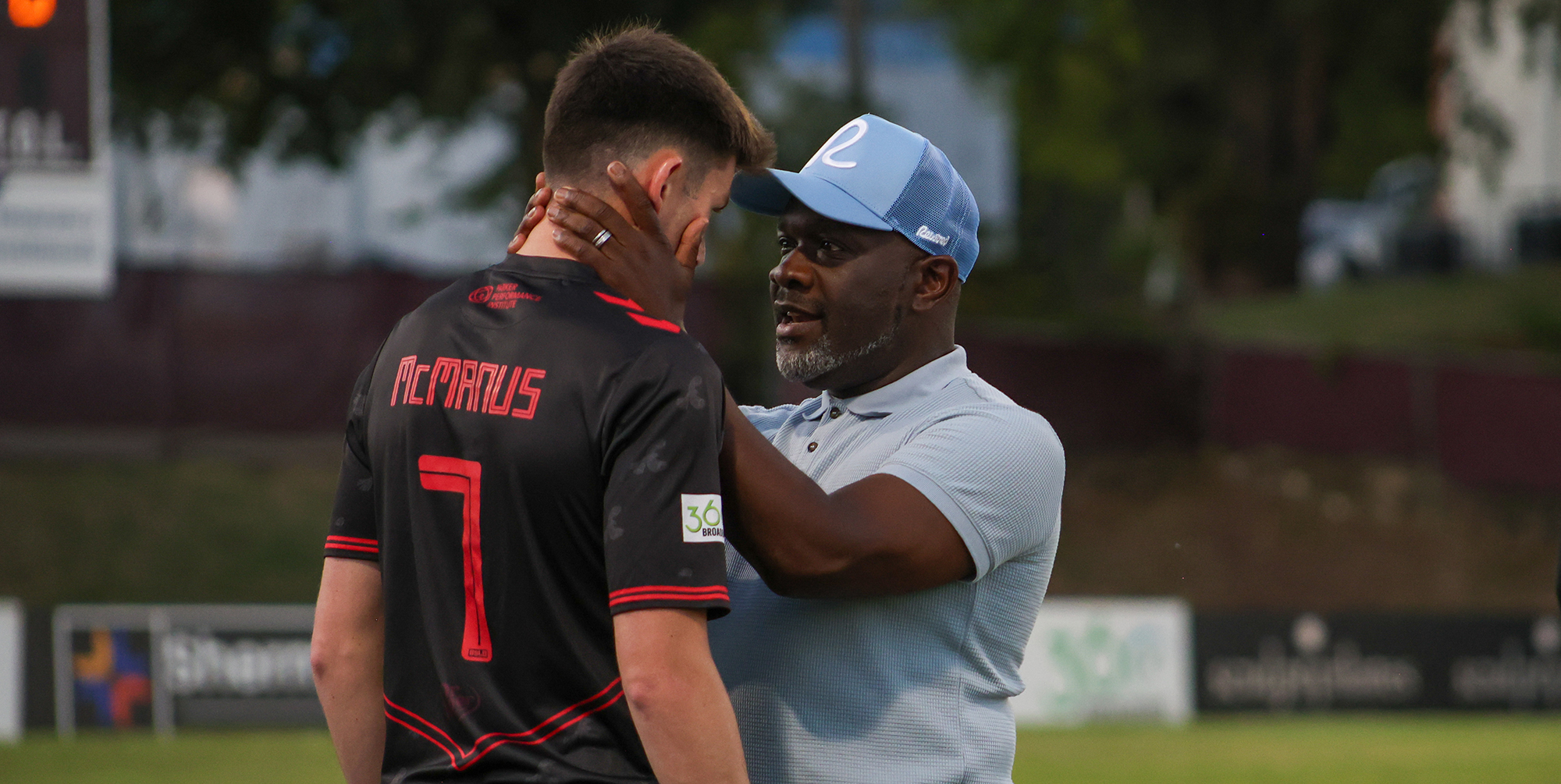 Texoma Coach Adrian Forbes has a word with Brandon McManus (7) during the game against AV Alta, October 4, 2025. (Beth Spicer, 3rd Degree)